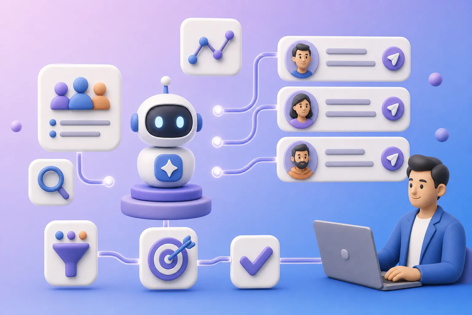 Illustration 3D de l'automatisation de la prospection LinkedIn avec l'IA.