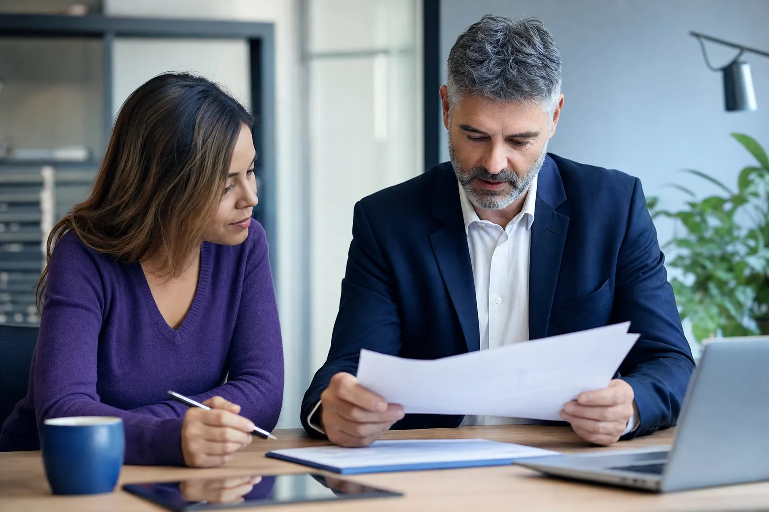 Photographie d'un dirigeant et d'un salarié étudiant le financement d'une formation IA.