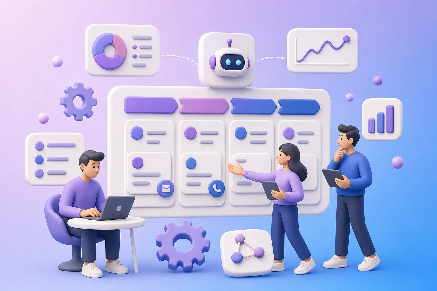Illustration 3D d'automatisations IA dans un CRM au service d'une équipe commerciale.