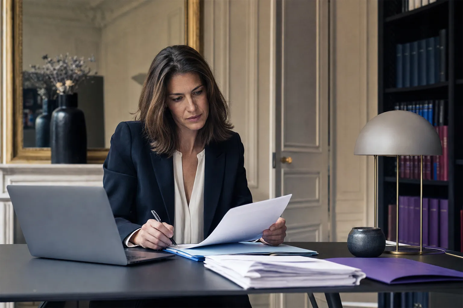 Photographie d'un juriste analysant des documents juridiques avec l'aide de l'IA.