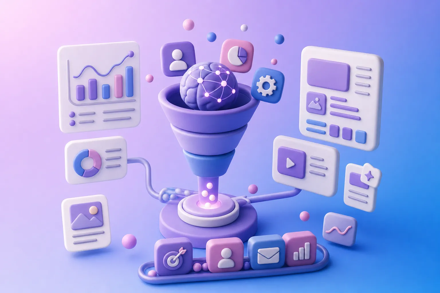 Illustration 3D de workflows IA pour le marketing B2B : tunnel, graphiques et contenus.